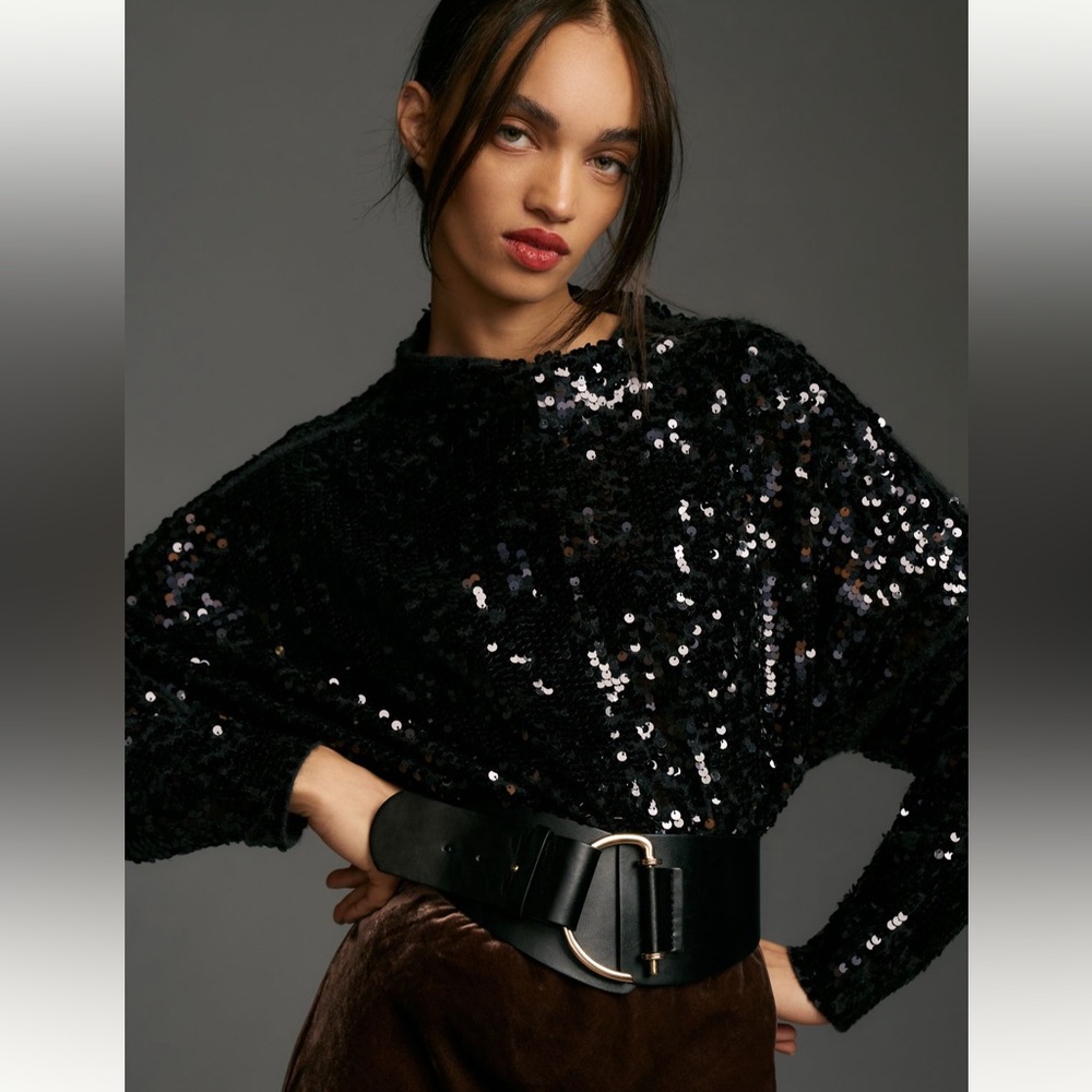 Anthropologie Alani Cashmere Mock Neck Sweater Sequin Edition Black Sz XL NWT